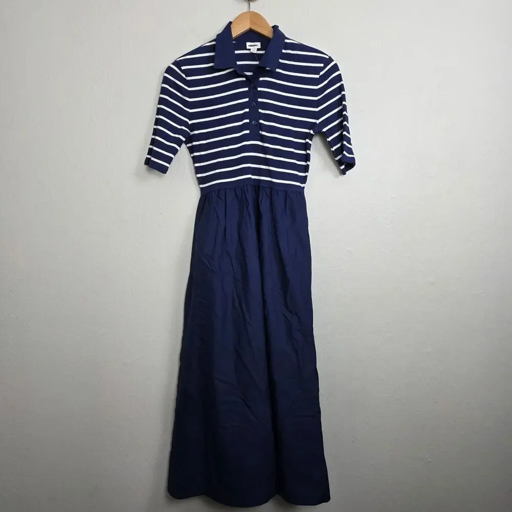 J. Crew Navy Striped Collared Navy A-Line Nautical NWT Midi Dress Pockets MP